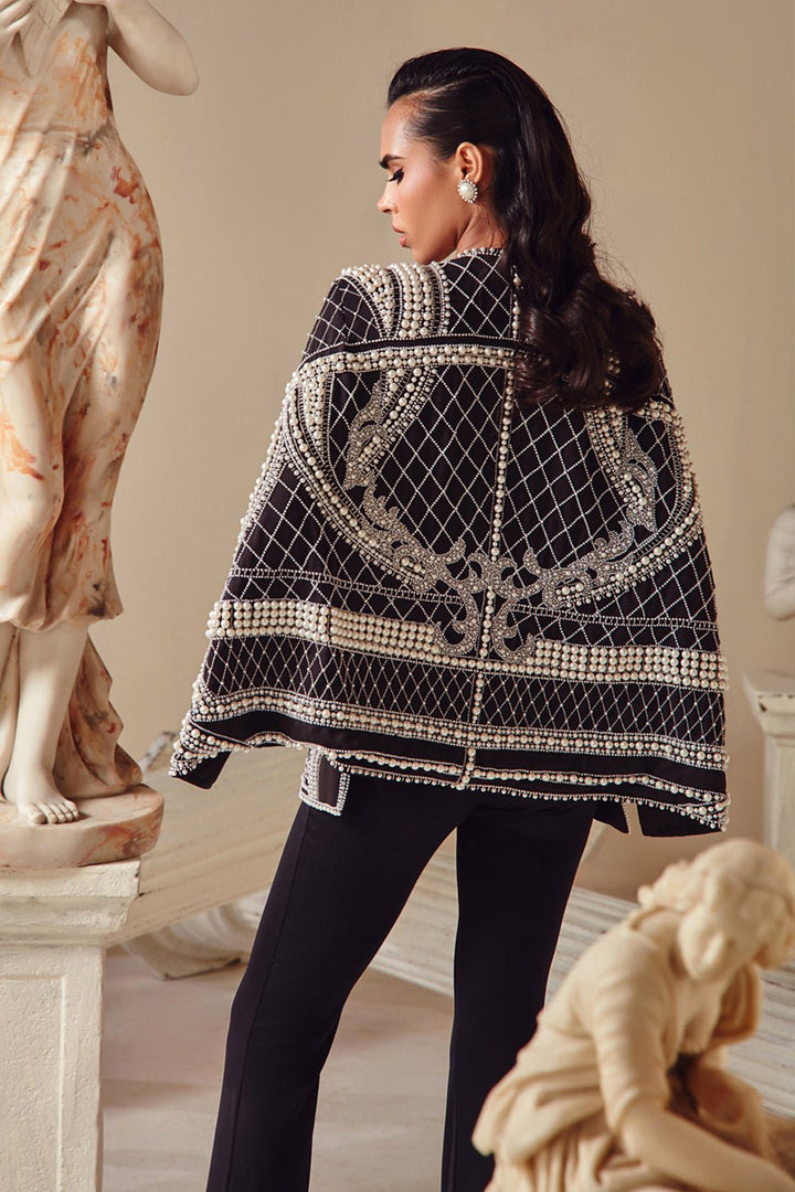 Pearl Embellished Black Cape - Zabella