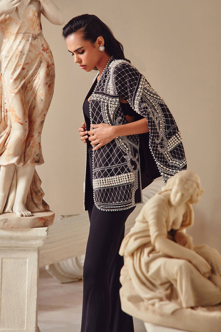 Pearl Embellished Black Cape - Zabella