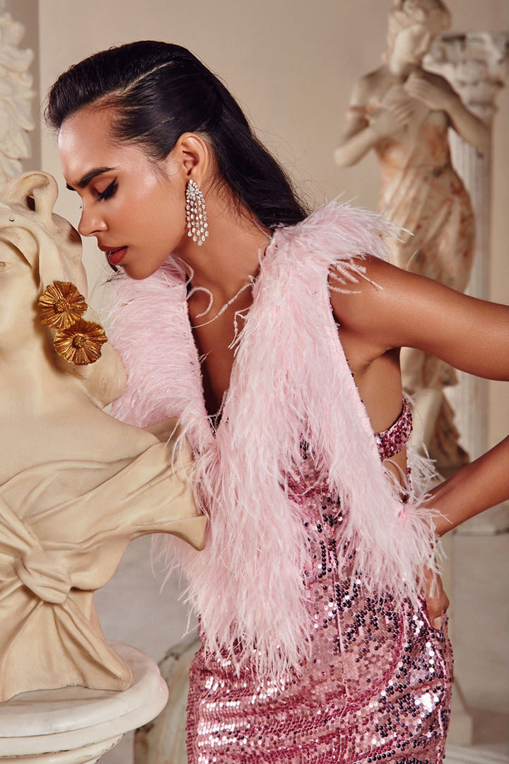 Pink Sequin And Feather Neck Mini Dress - Zabella