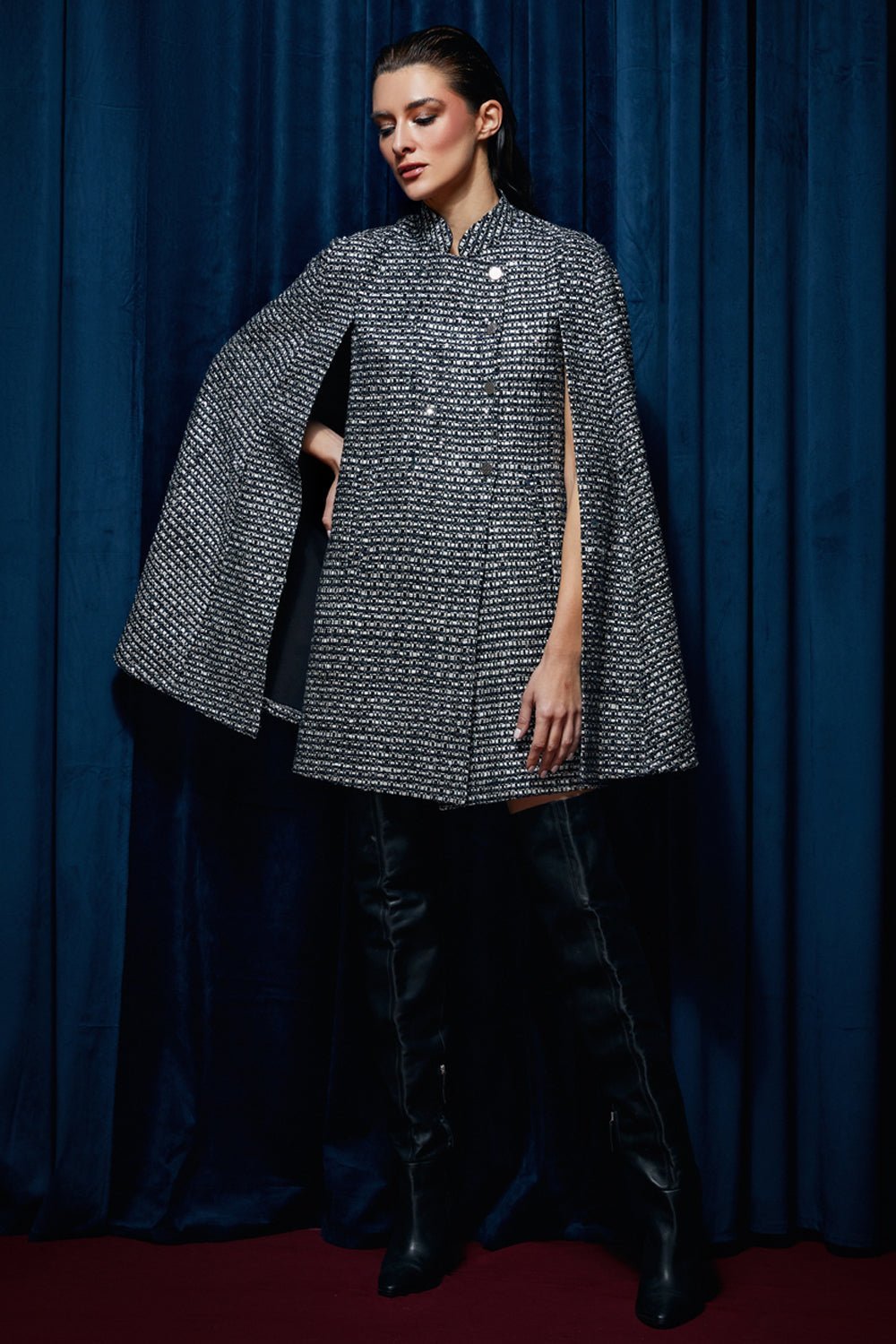Pragya Jaiswal In Our Noir Tweed Cape Dress - Zabella