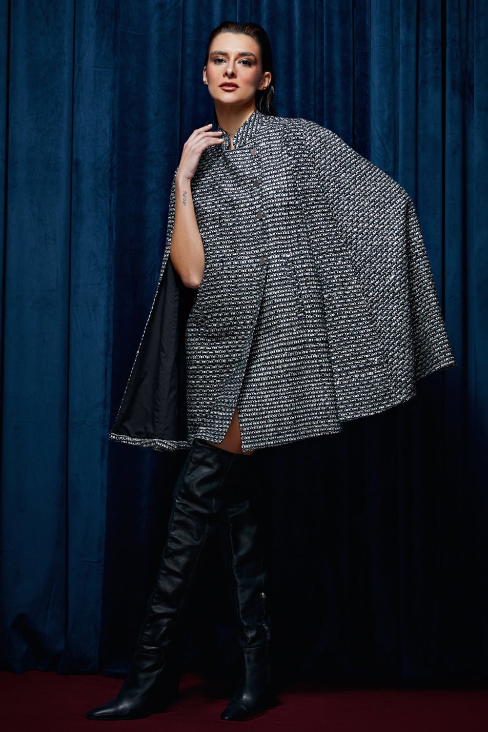 Pragya Jaiswal In Our Noir Tweed Cape Dress - Zabella