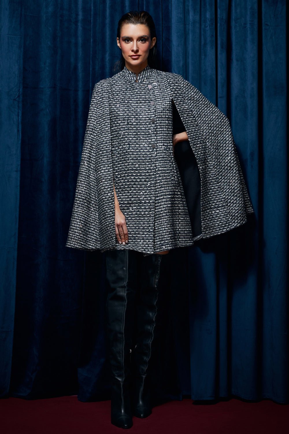 Pragya Jaiswal In Our Noir Tweed Cape Dress - Zabella