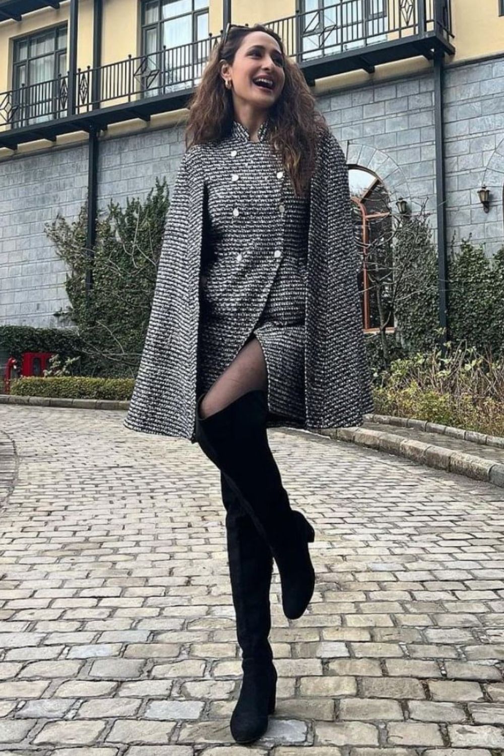 Pragya Jaiswal In Our Noir Tweed Cape Dress - Zabella