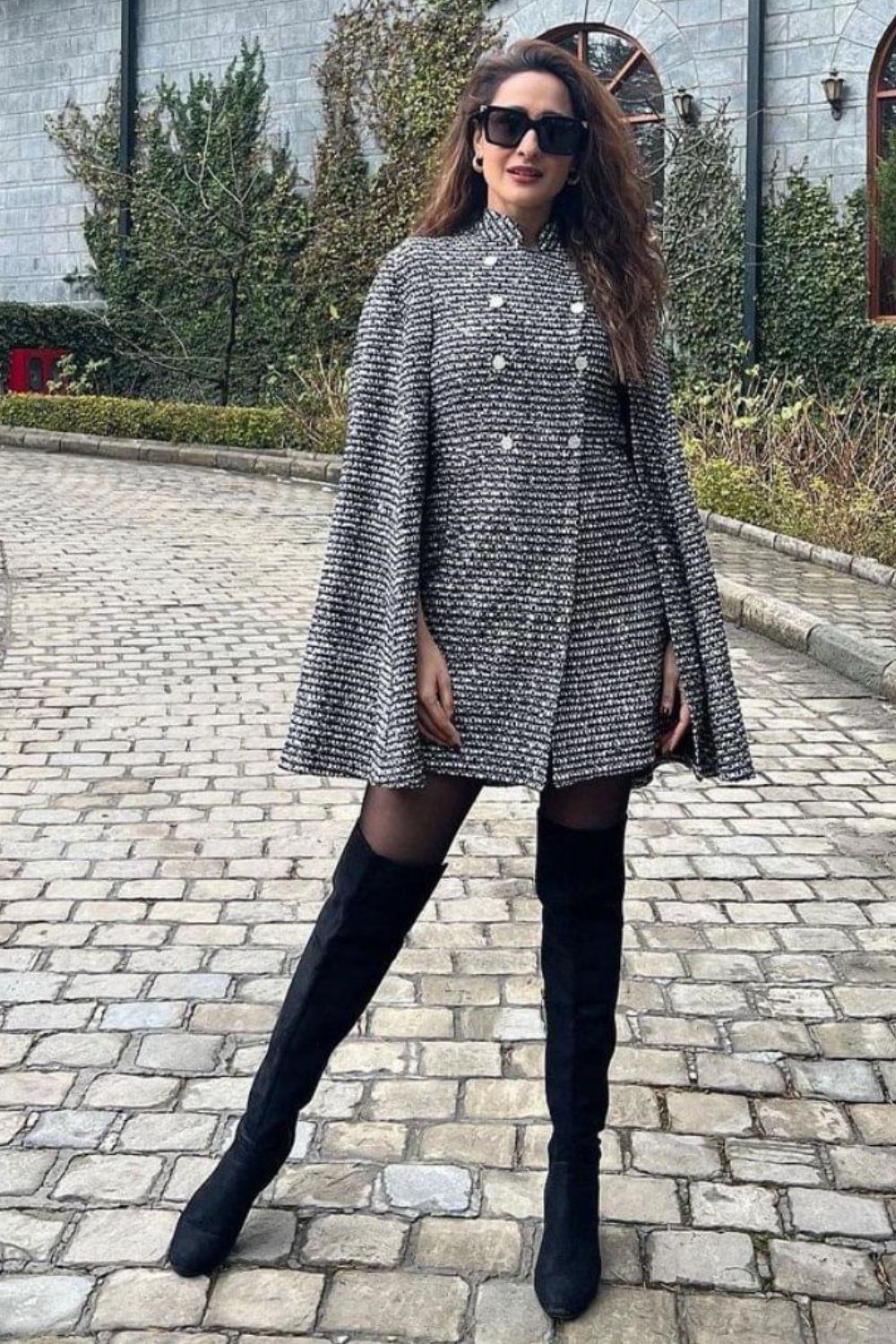 Pragya Jaiswal In Our Noir Tweed Cape Dress - Zabella