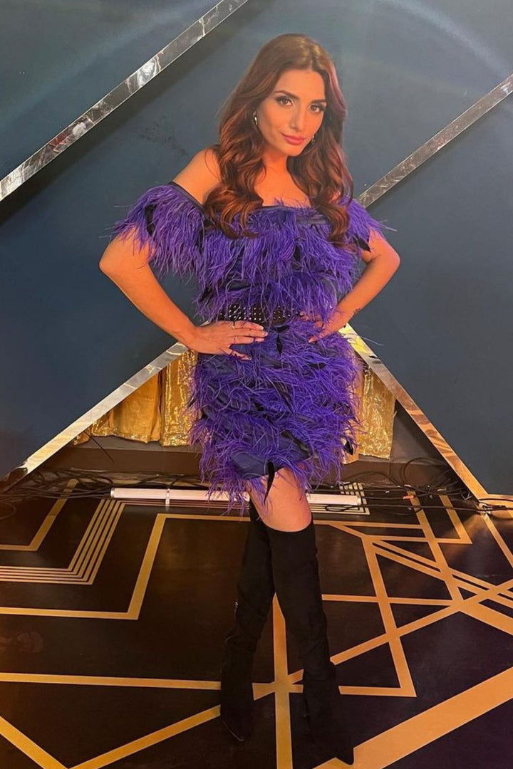 Prakriti Kakar In Our Indigo Structured Feather Mini Dress - Zabella