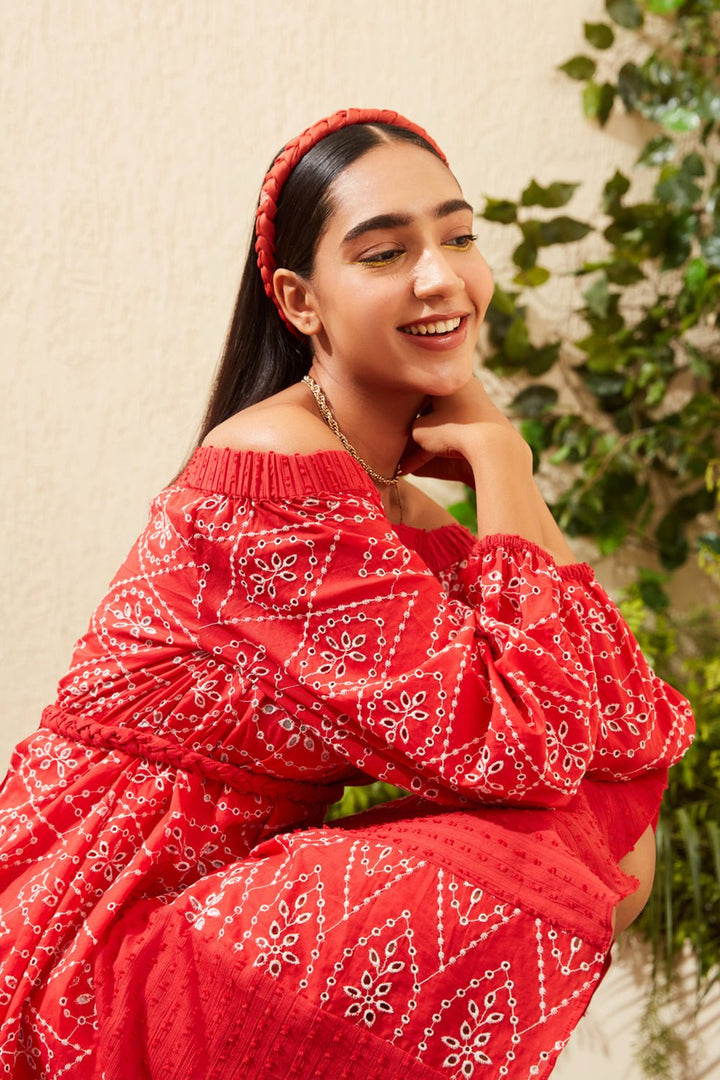 Red Broderie Mini Dress - Zabella