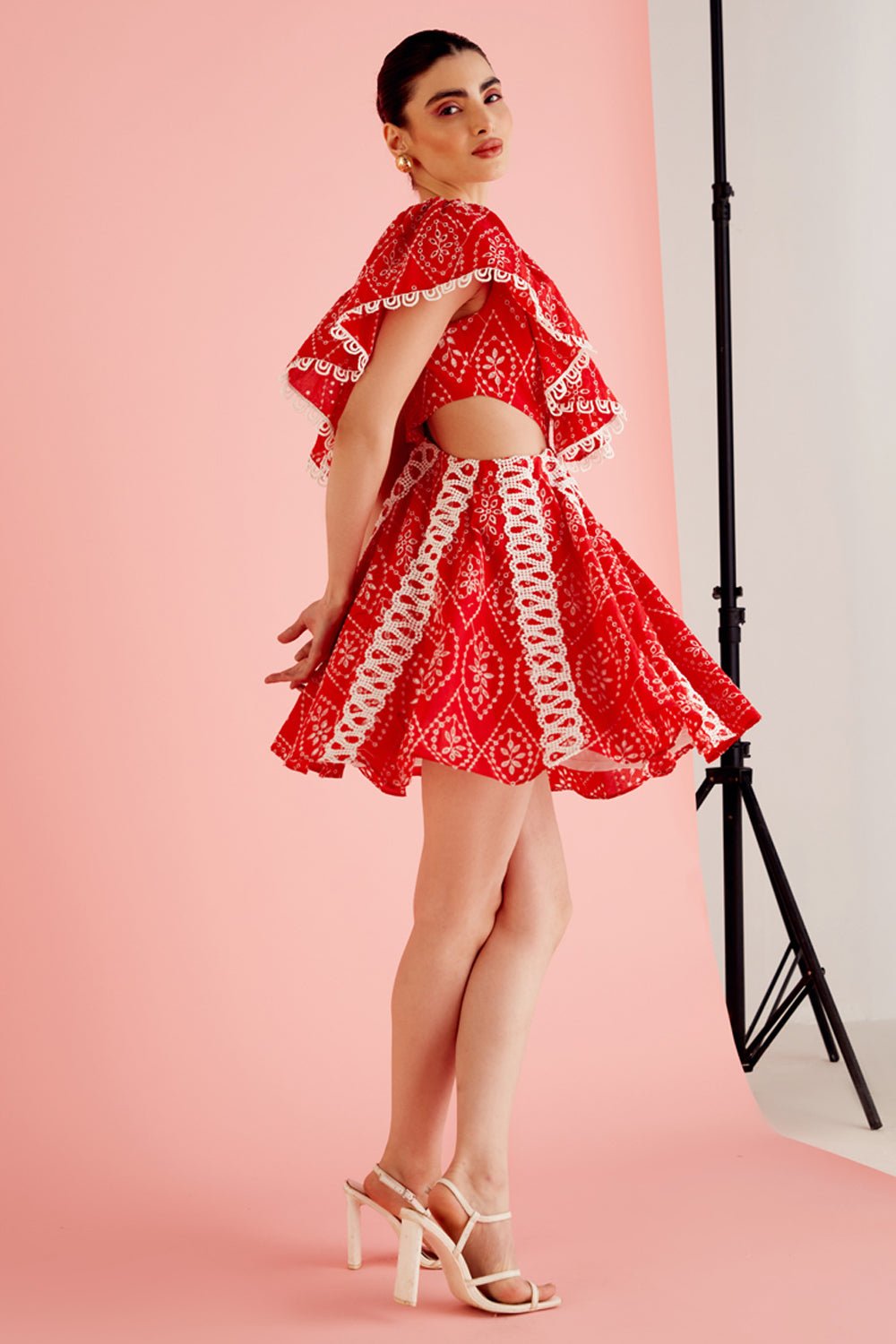 Red Cutout Lace Mini Dress - Zabella