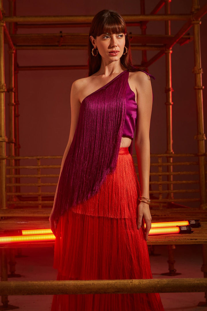 Red Fringed Midi Skirt - Zabella