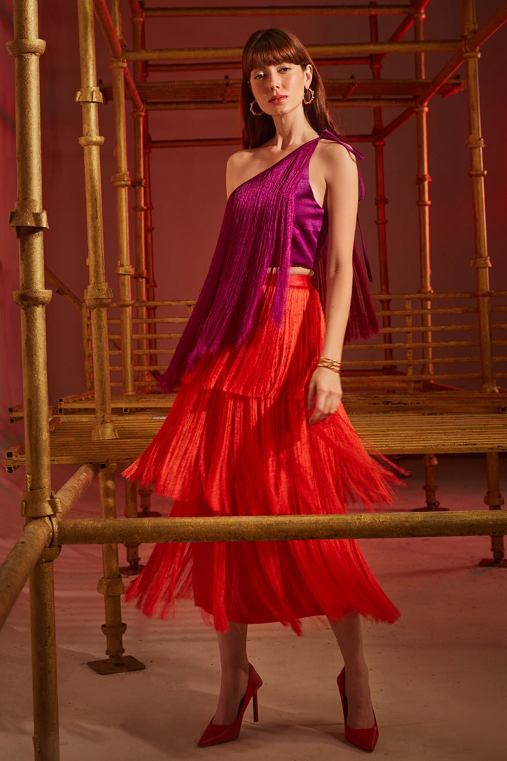 Red Fringed Midi Skirt - Zabella