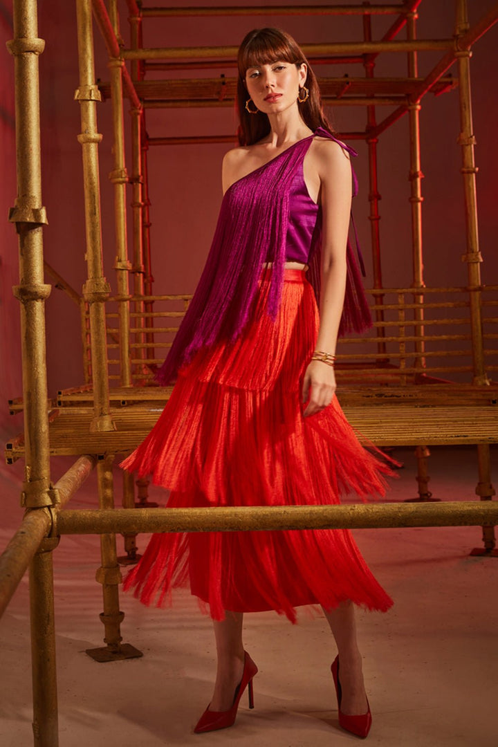 Red Fringed Midi Skirt - Zabella