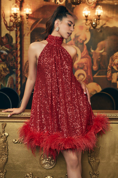 Red Sequin & Feather Dress - Zabella