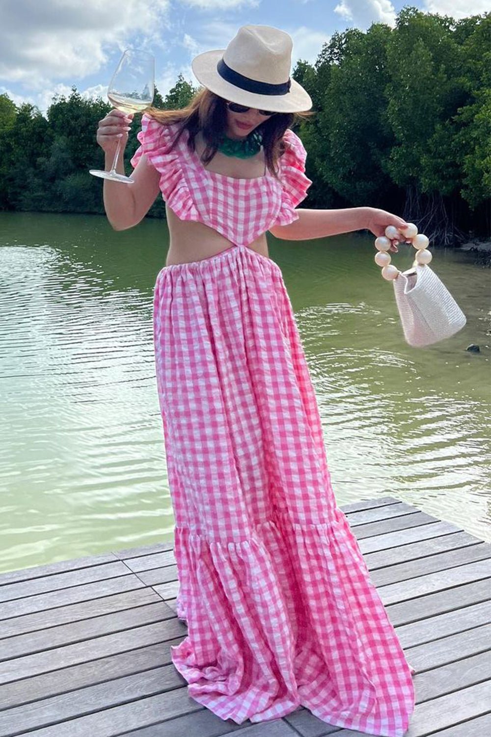 Roshni Bhatia In Our Pink Gingham Cut Out Maxi Dress - Zabella