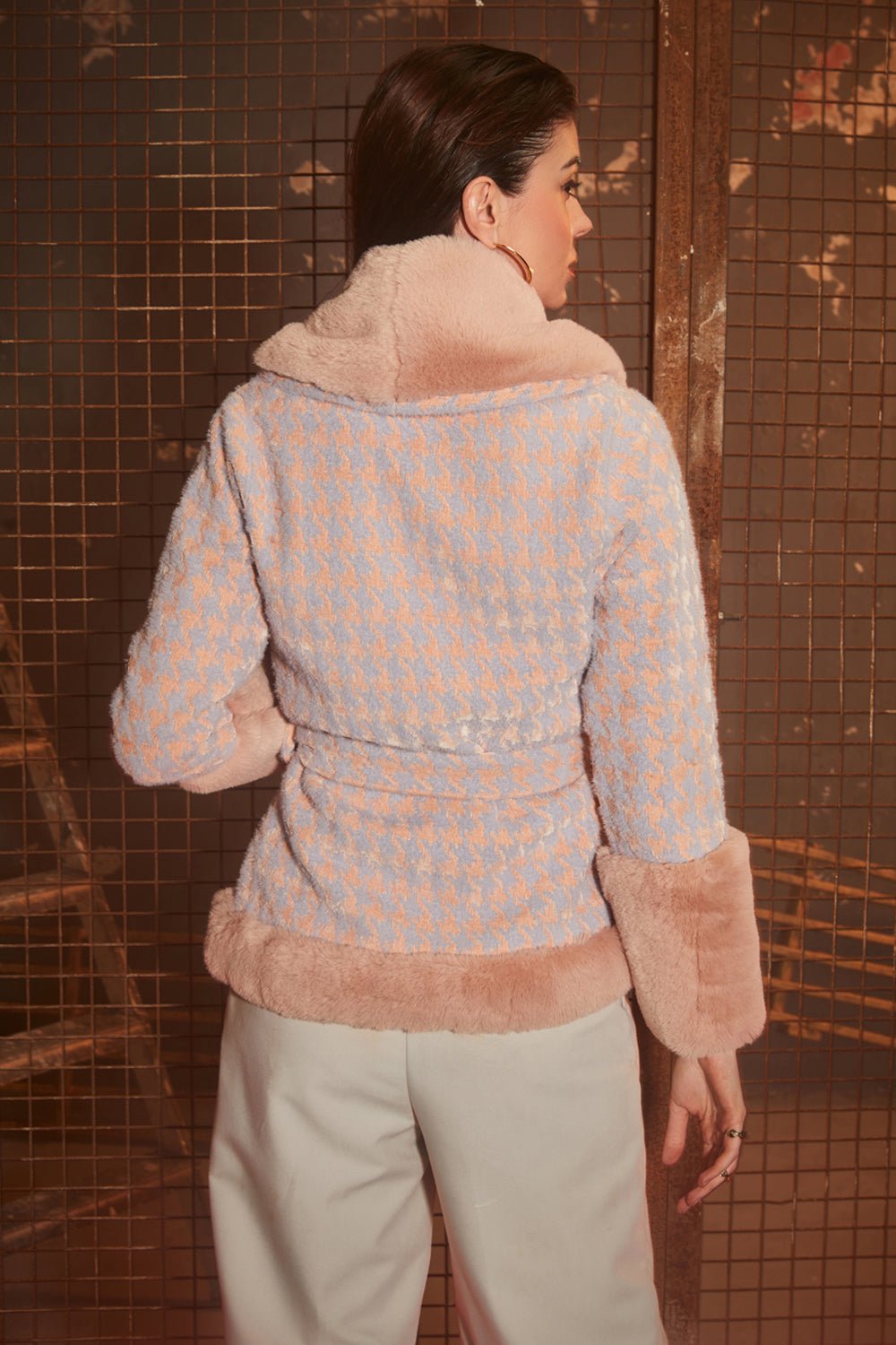 Salmon Pink Houndstooth & Fur Jacket - Zabella