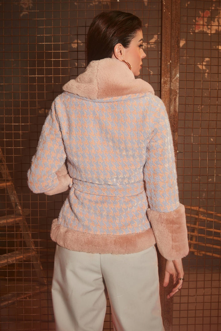 Salmon Pink Houndstooth & Fur Jacket - Zabella