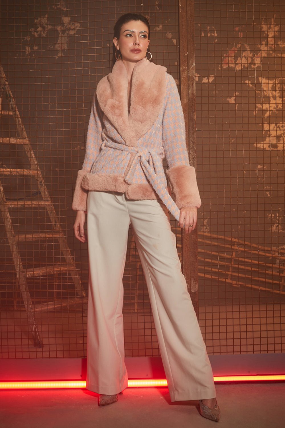 Salmon Pink Houndstooth & Fur Jacket - Zabella