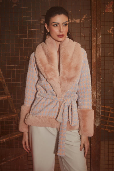 Salmon Pink Houndstooth & Fur Jacket - Zabella