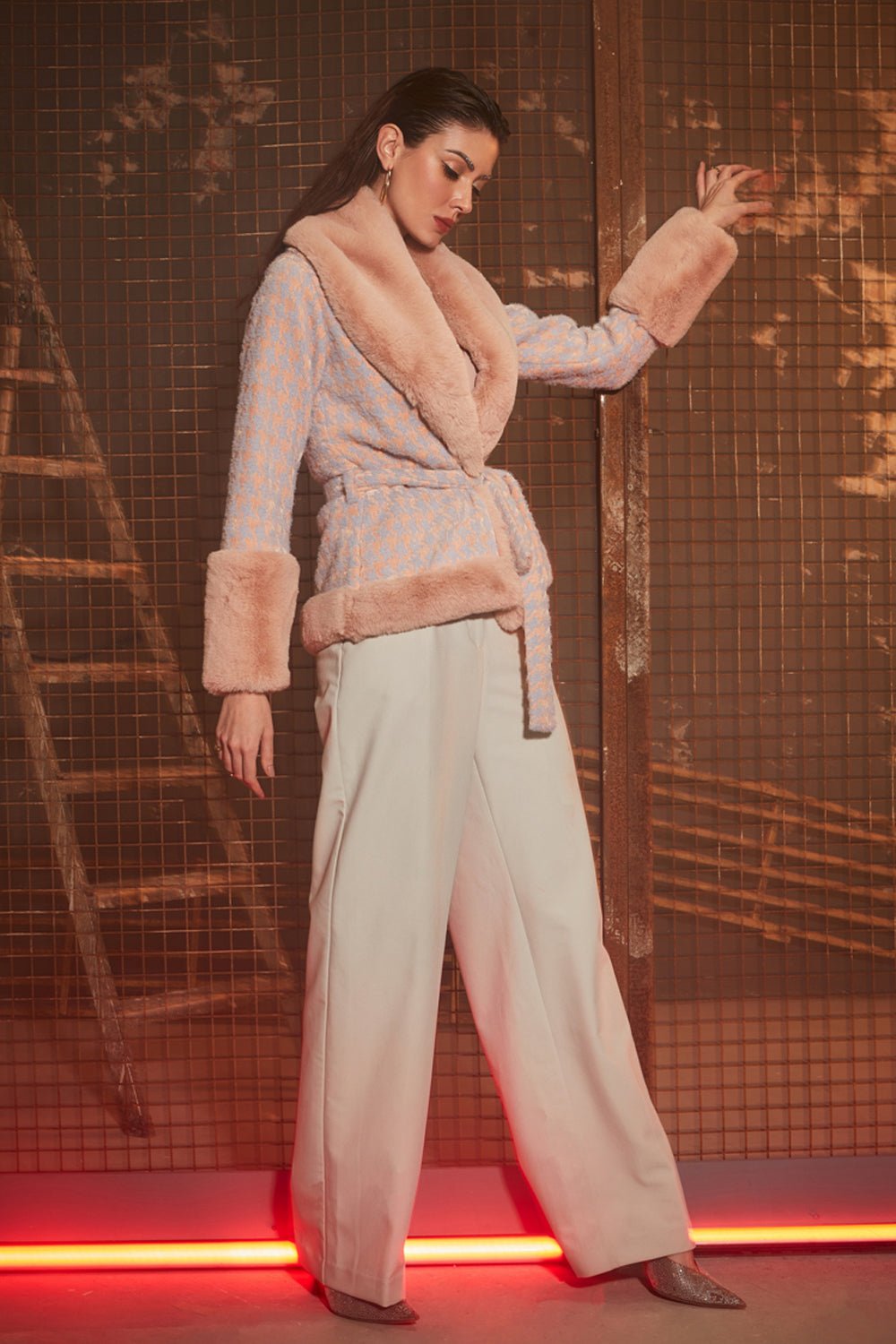 Salmon Pink Houndstooth & Fur Jacket - Zabella