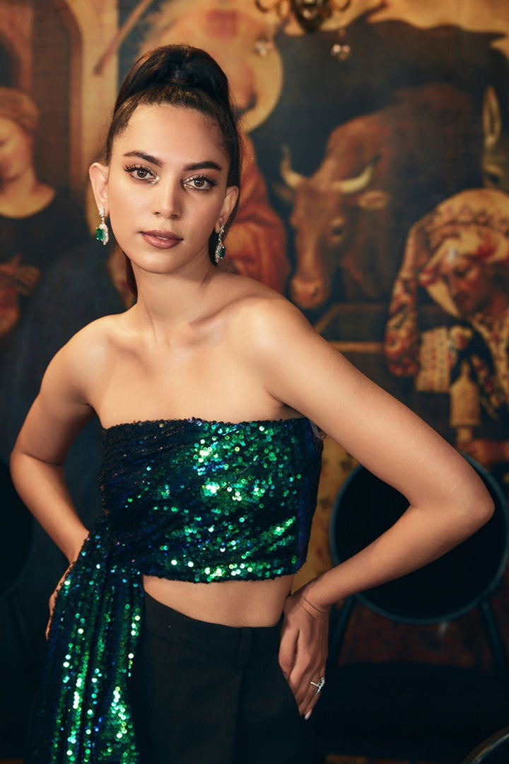 Sanya Malhotra In Our Shaded Sequin Draped Top - Zabella