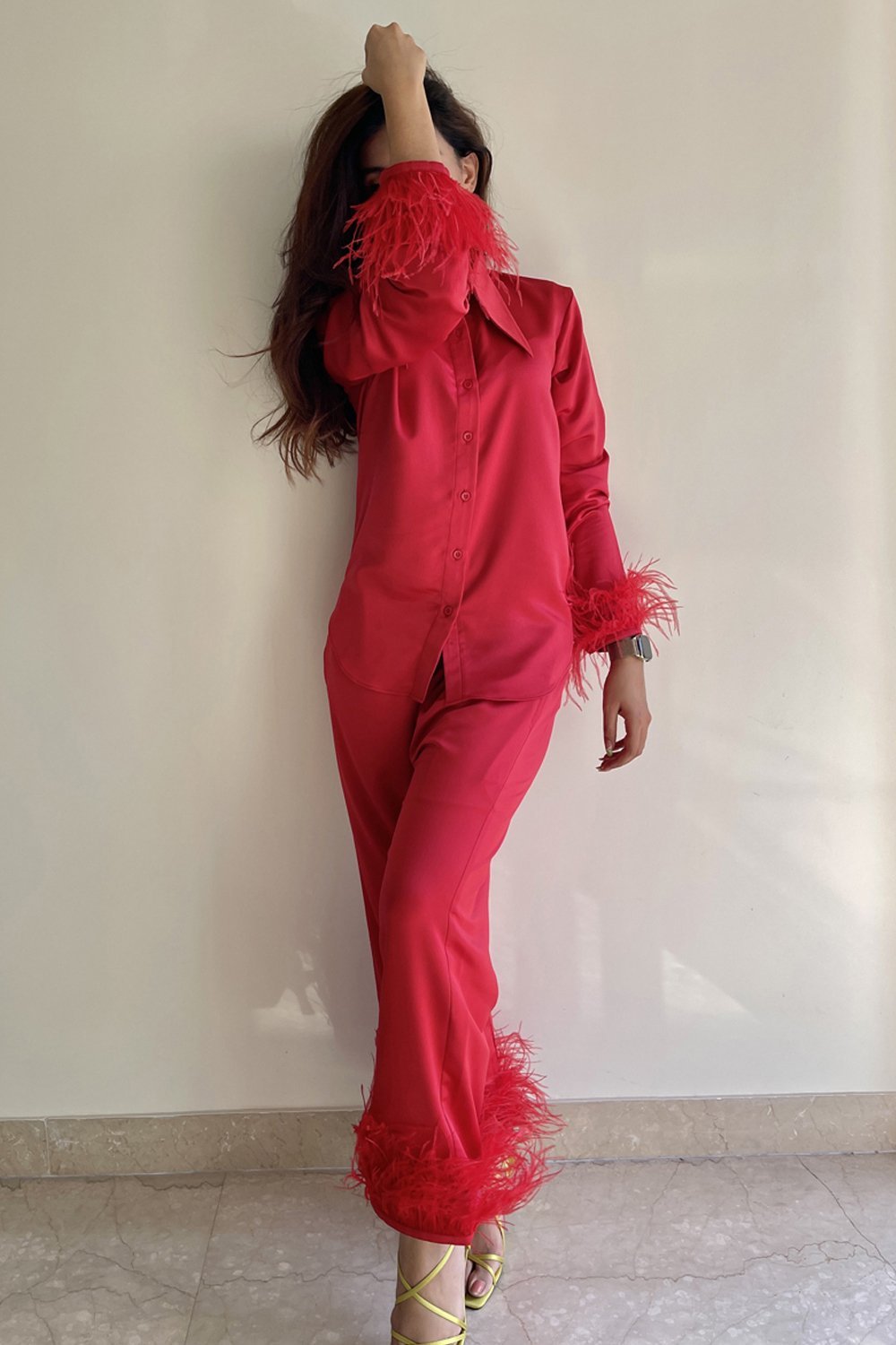 Scarlet Red Feather Trimmed Lounge Set - Shopzabella