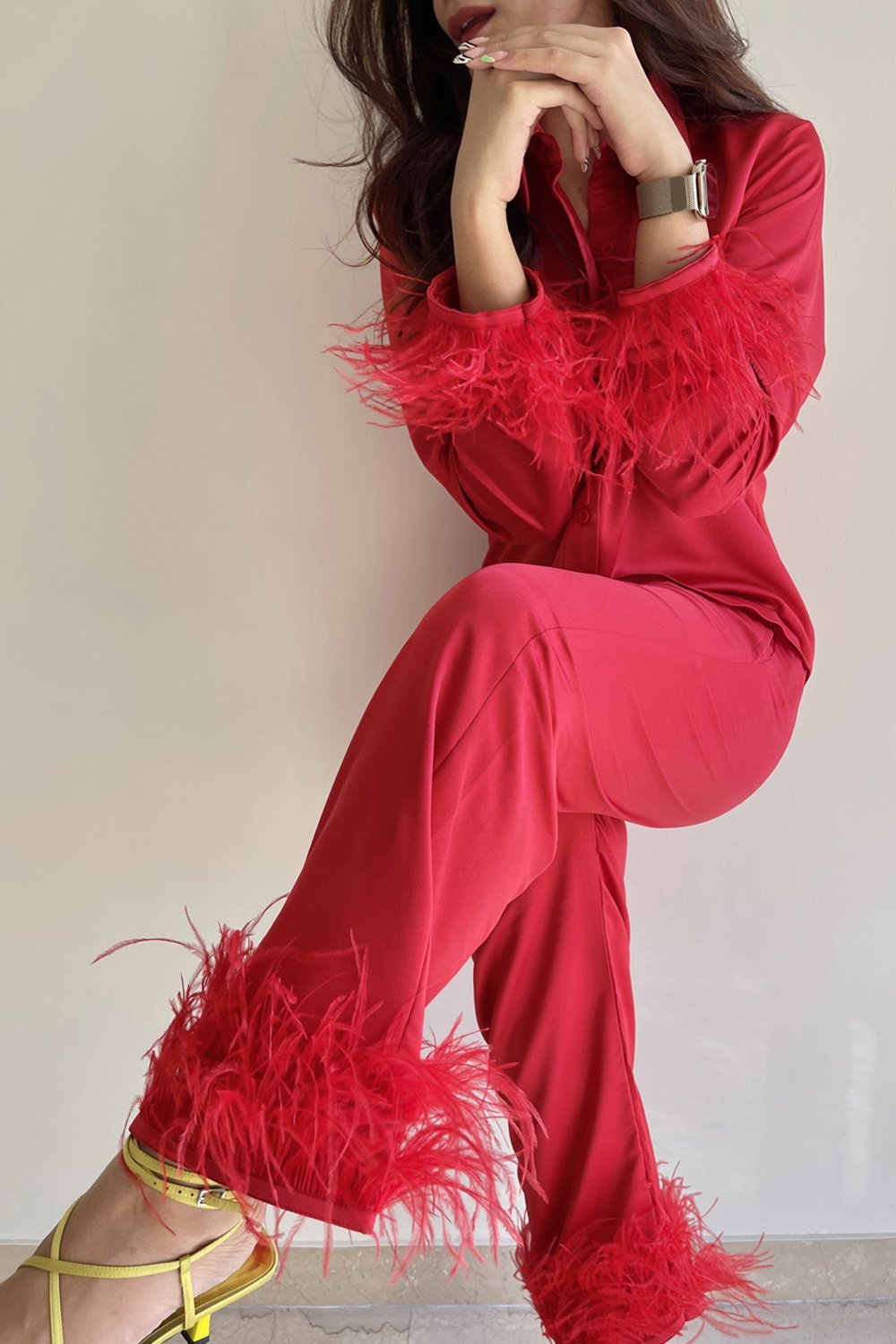 Scarlet Red Feather Trimmed Lounge Set - Shopzabella
