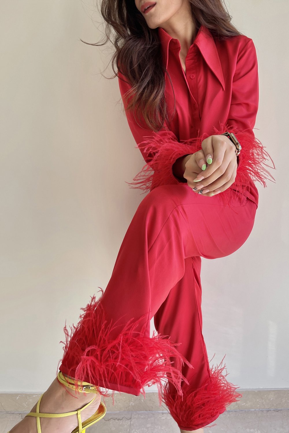 Scarlet Red Feather Trimmed Lounge Set - Shopzabella