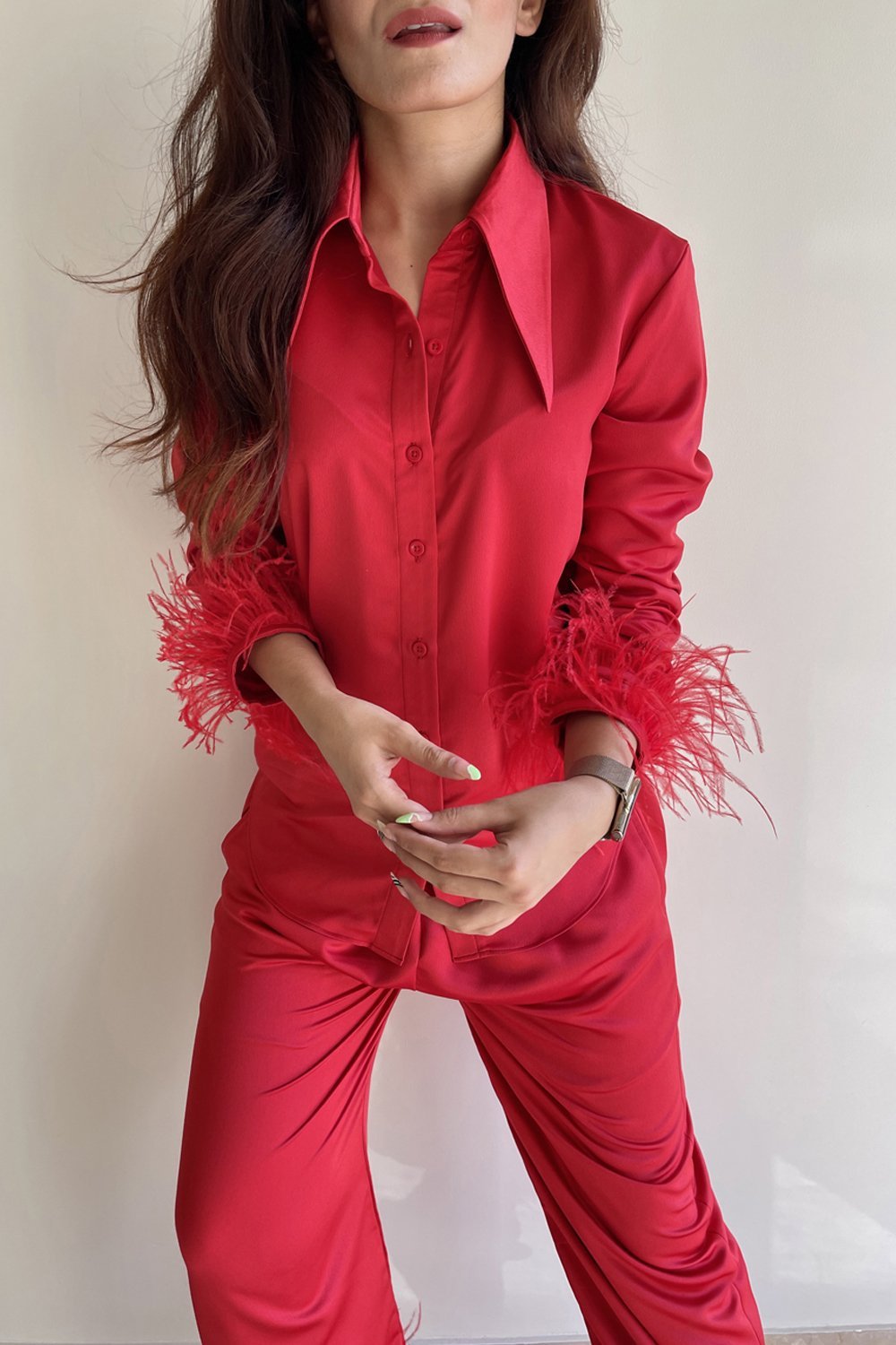 Scarlet Red Feather Trimmed Lounge Set - Shopzabella