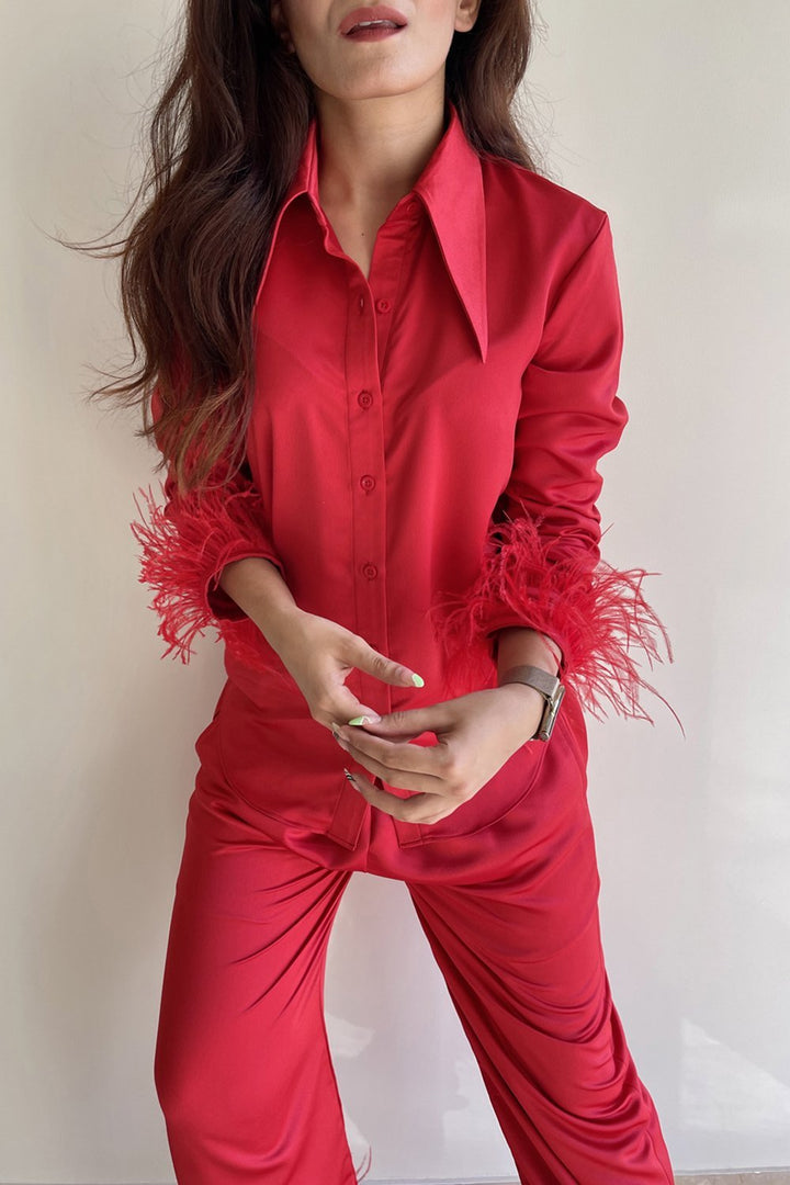 Scarlet Red Feather Trimmed Lounge Set - Shopzabella