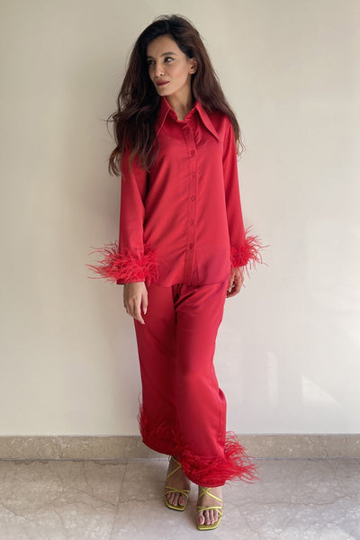 Scarlet Red Feather Trimmed Lounge Set - Shopzabella