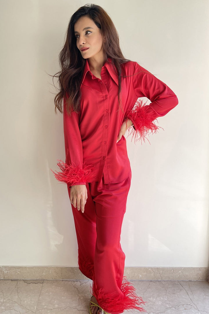 Scarlet Red Feather Trimmed Lounge Set - Shopzabella
