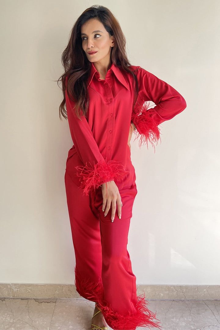 Scarlet Red Feather Trimmed Lounge Set - Shopzabella