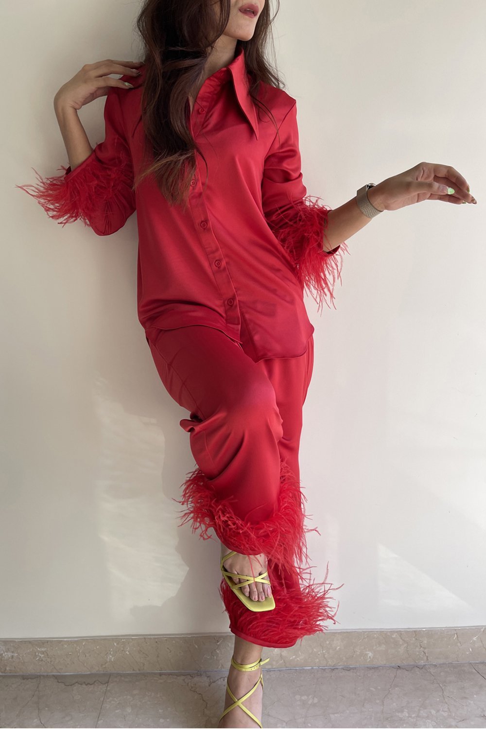 Scarlet Red Feather Trimmed Lounge Set - Shopzabella