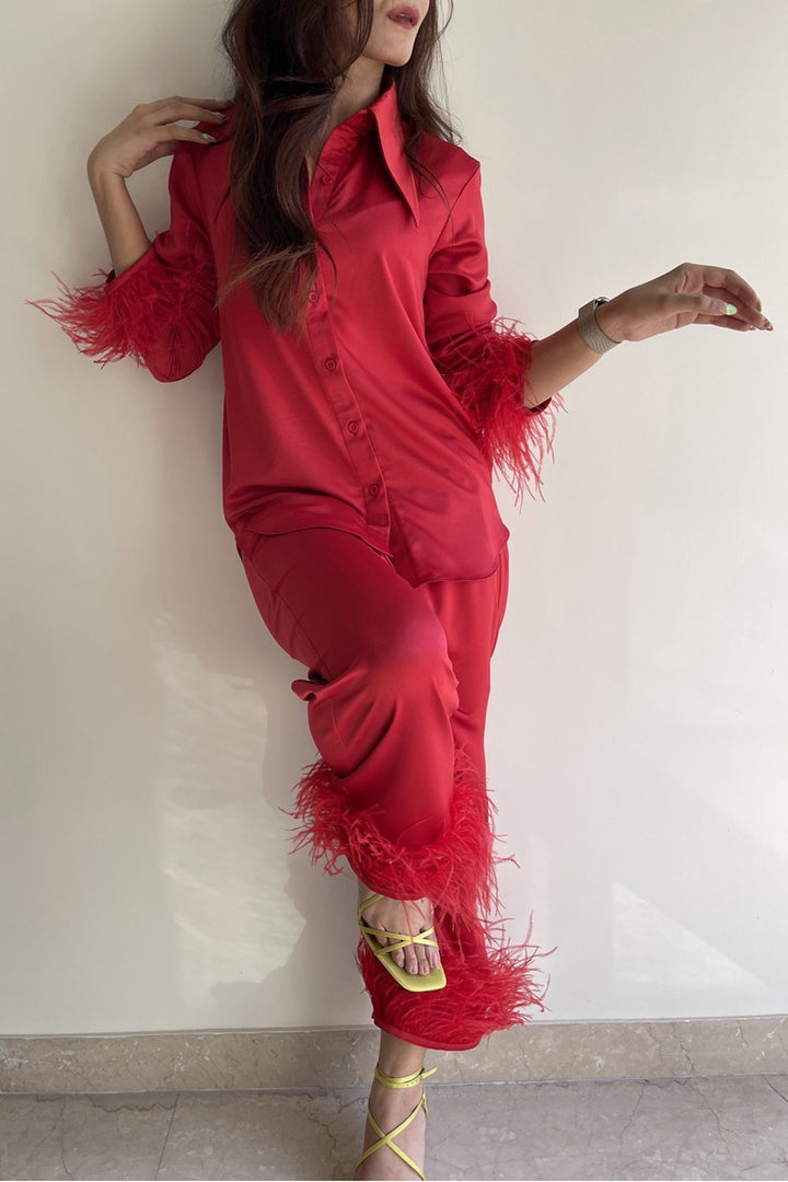 Scarlet Red Feather Trimmed Lounge Set - Shopzabella