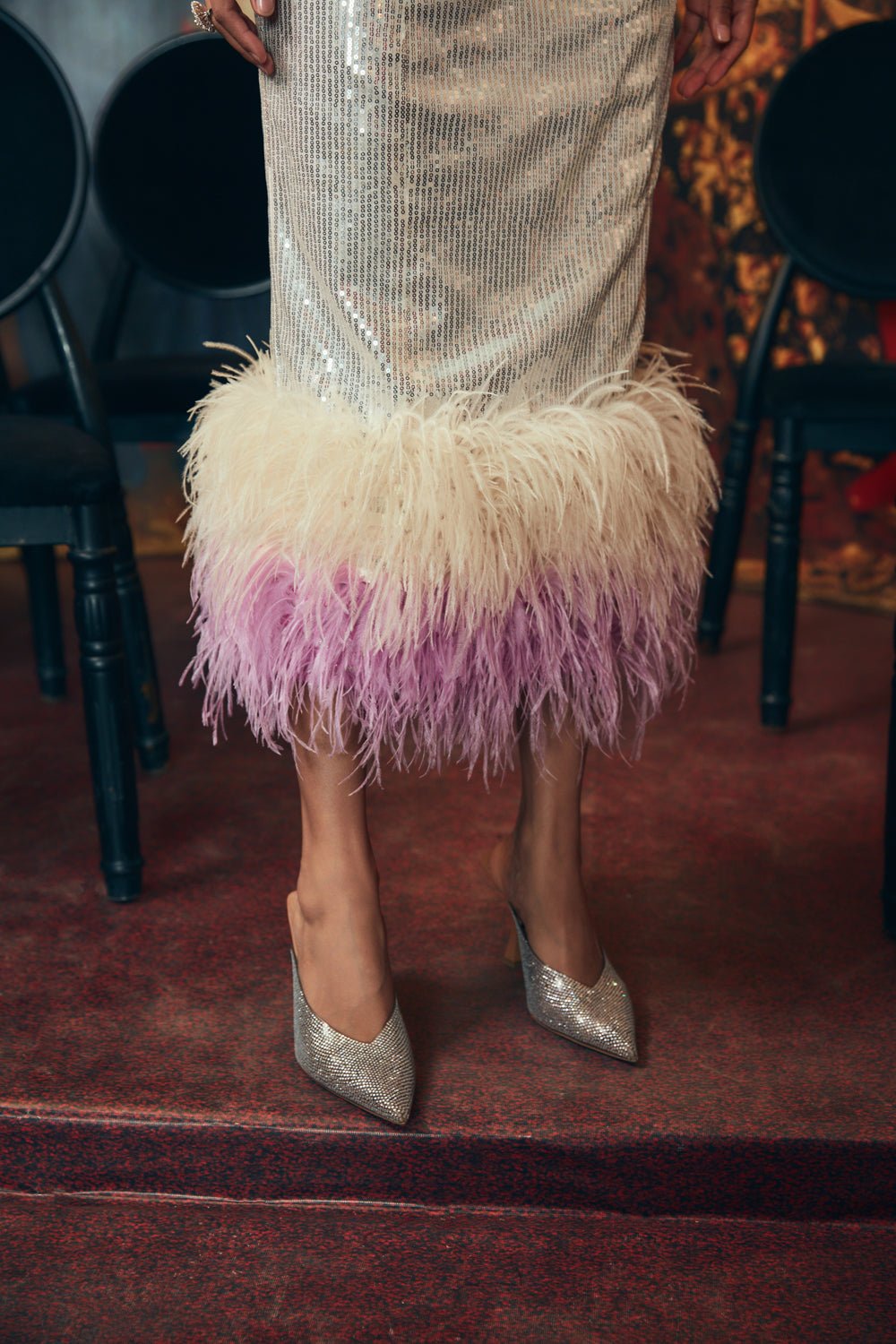 Silver And Lilac Sequin & Feather Midi Dress - Zabella