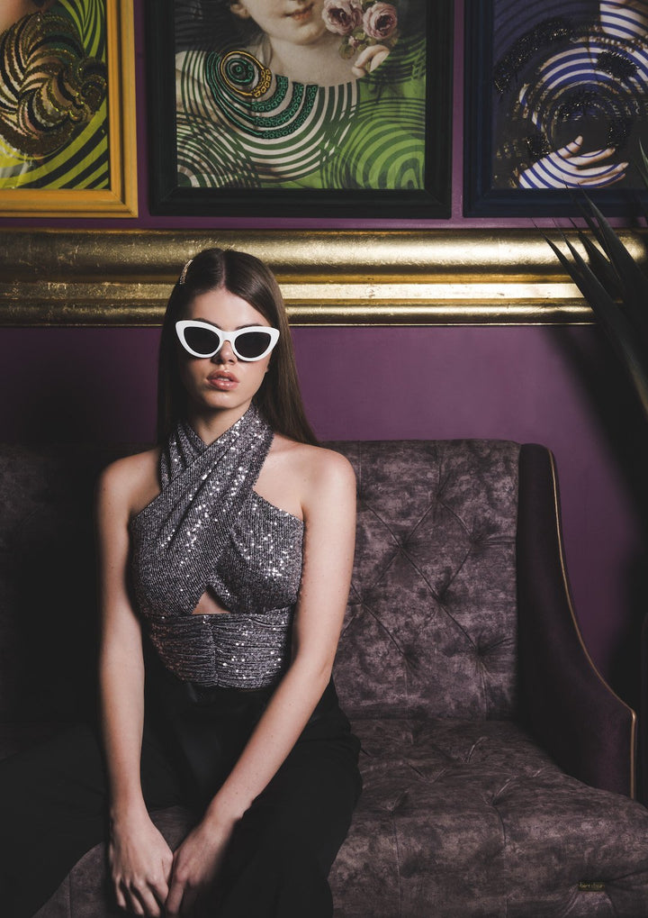 Stretchable Crossover Sequin Top With Cutout Detail - Shopzabella