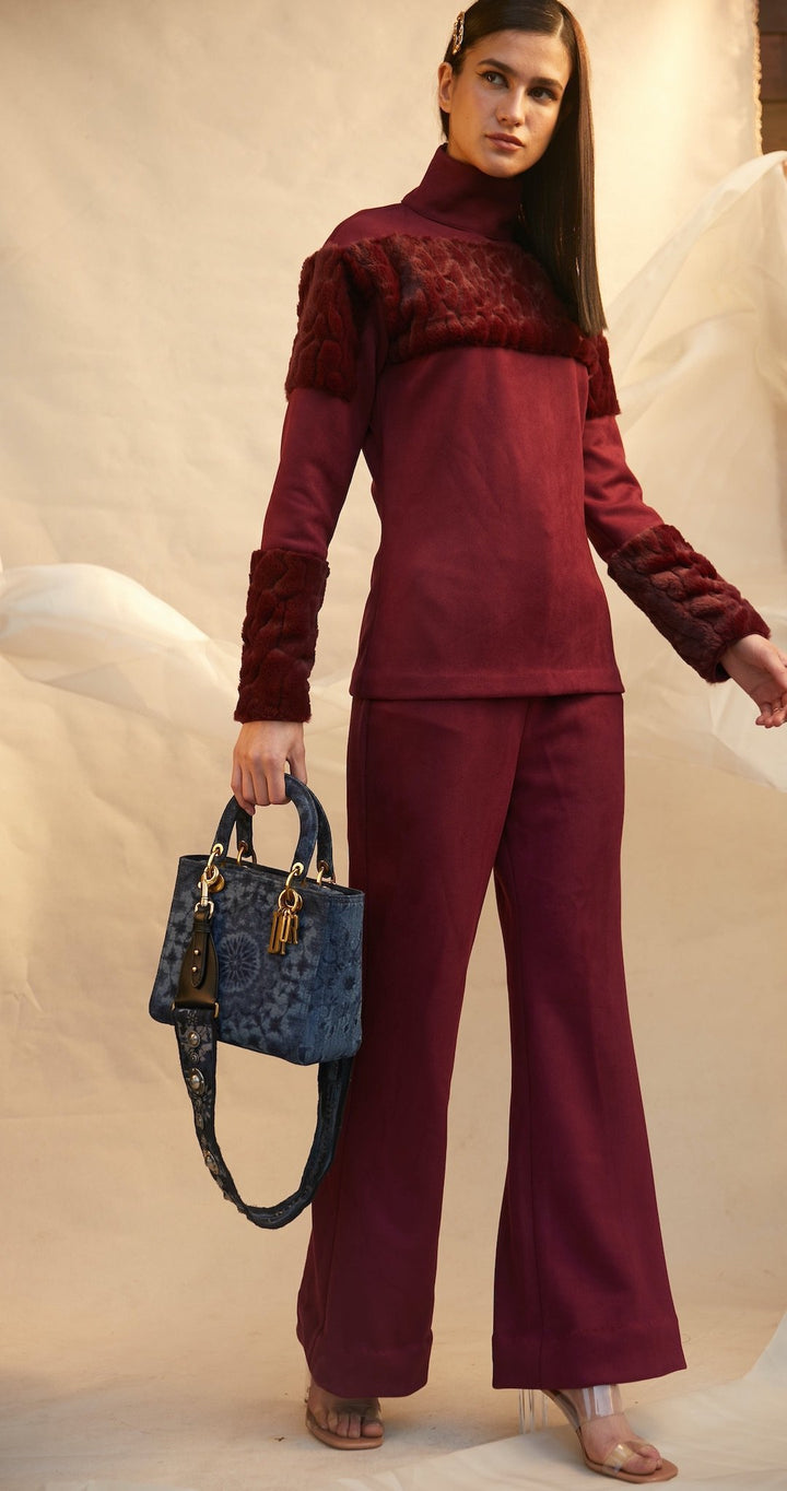 Suede And Faux Fur Top And Pants - Shopzabella