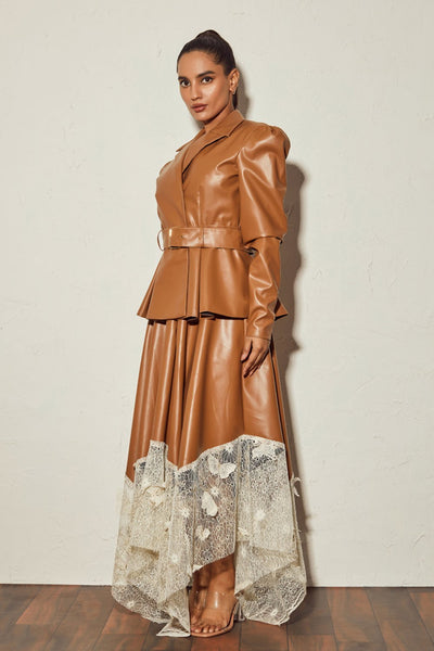 Tan Leather Flared Skirt - Zabella