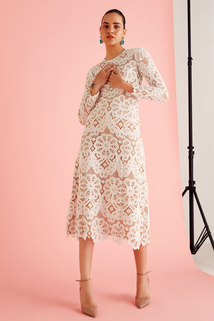 White & Beige Lace Midi Dress - Zabella