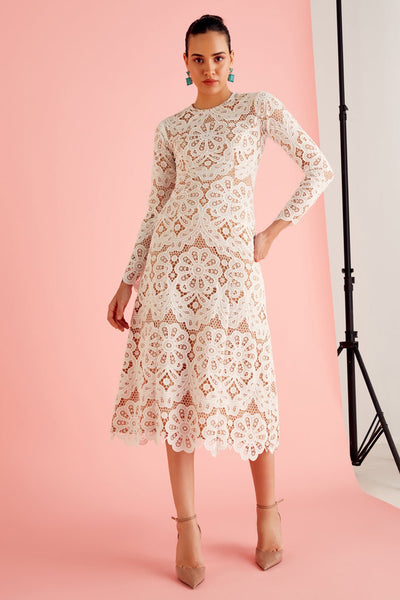 White & Beige Lace Midi Dress - Zabella