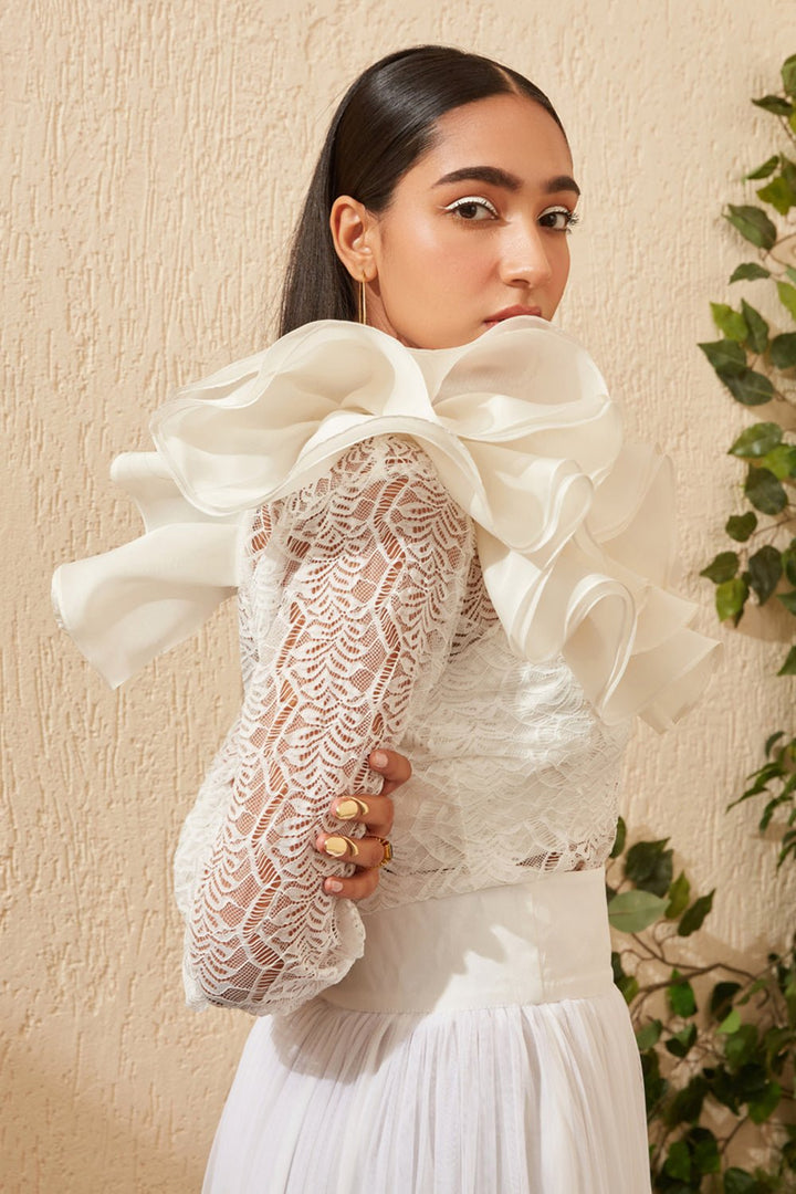 White Chantilly Lace Shirt & Tulle Skirt Set - Zabella