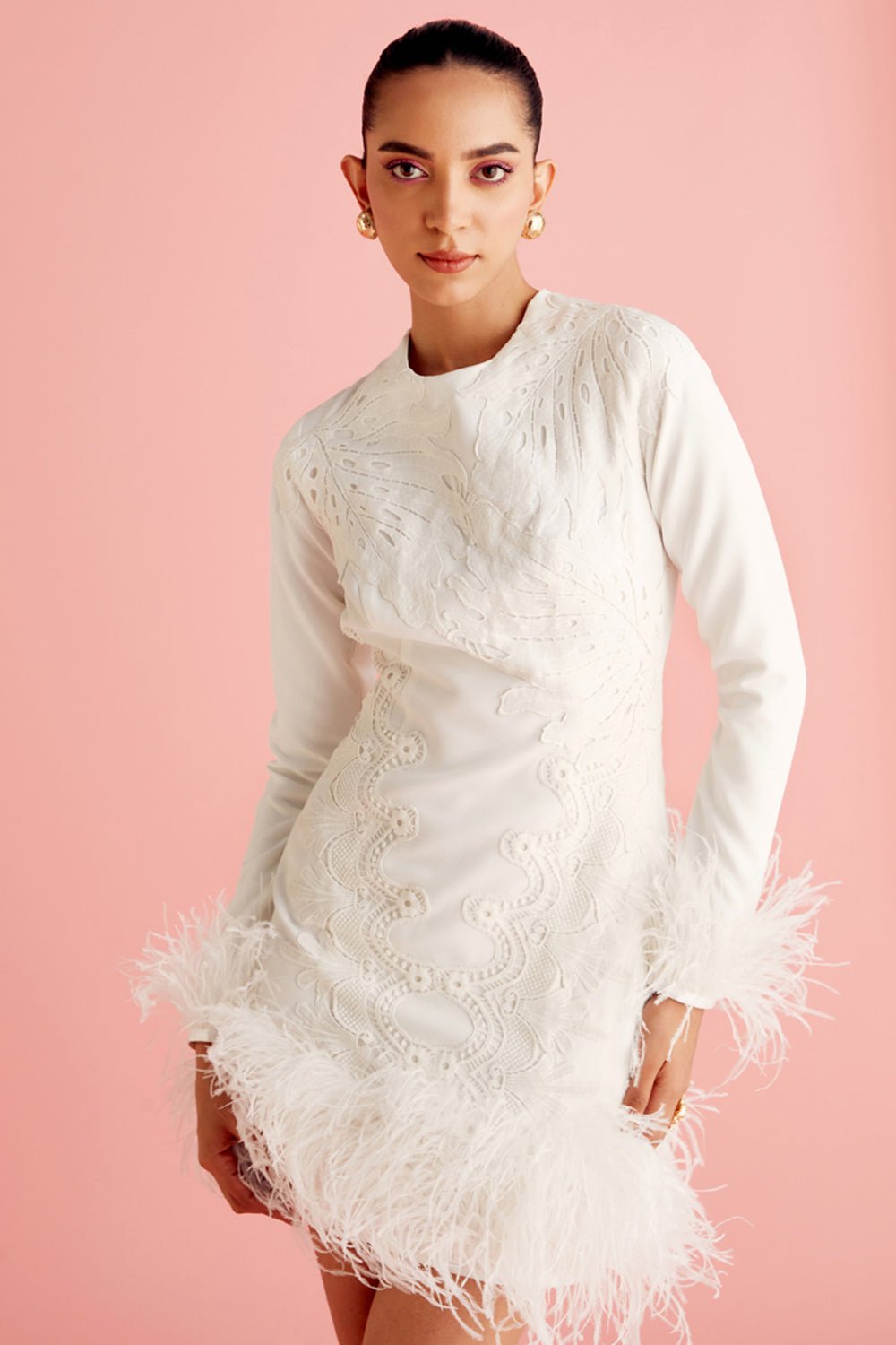 White Feather and Lace Bodycon Dress - Zabella