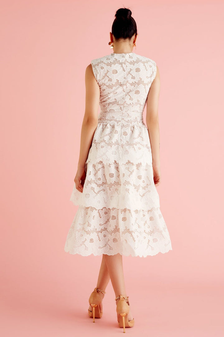 White Floral Lace Layered Midi Dress - Zabella