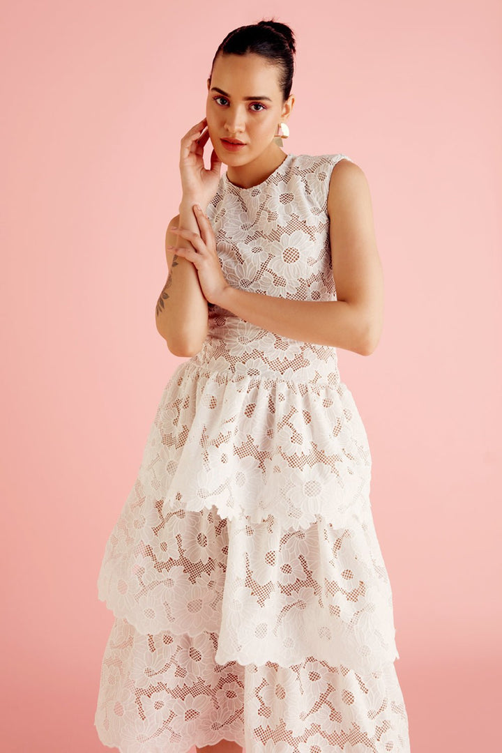 White Floral Lace Layered Midi Dress - Zabella
