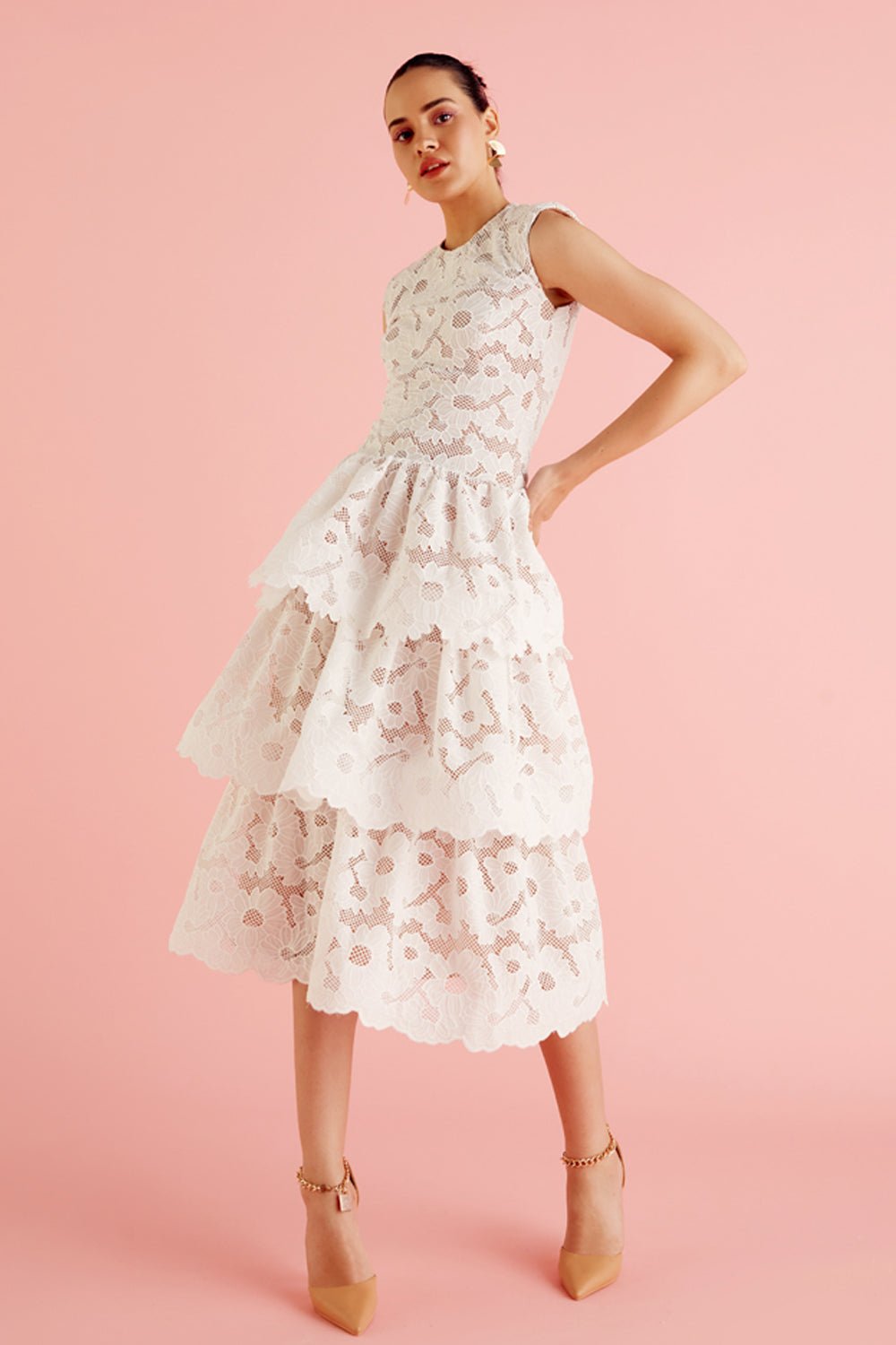 White Floral Lace Layered Midi Dress - Zabella