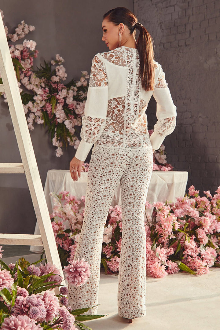 White Lace And Linen Top And Pants Set - Zabella
