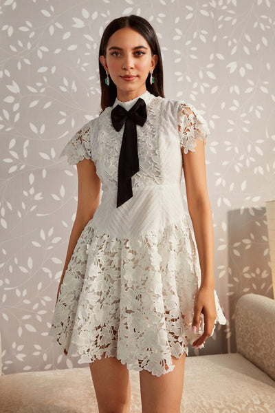 White Lace Bow Mini Dress - Zabella