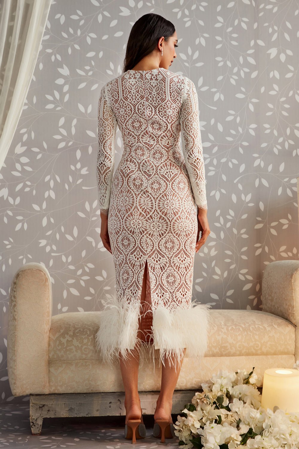 White Lace & Feather Midi Dress - Zabella