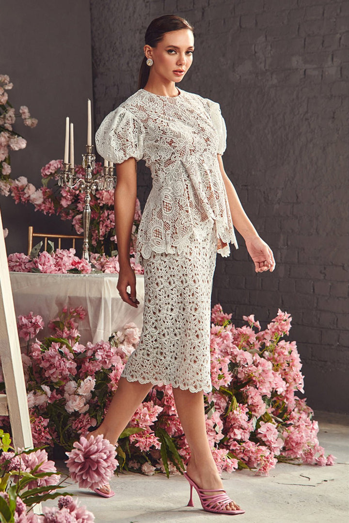 White Lace Midi Skirt - Zabella
