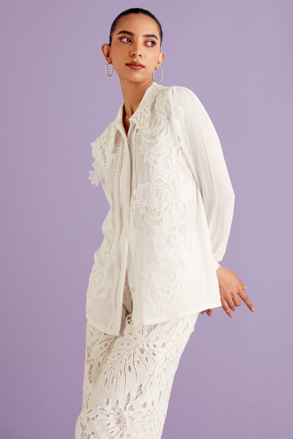 White Lace Pleated Shirt - Zabella