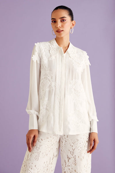 White Lace Pleated Shirt - Zabella