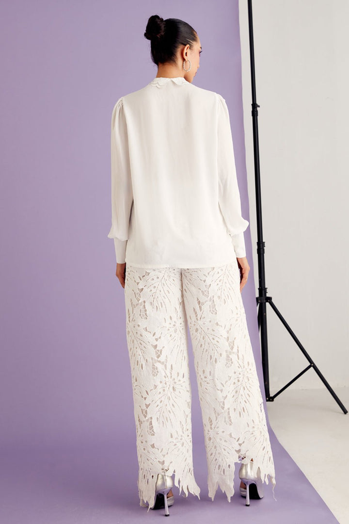 White Lace Pleated Shirt - Zabella